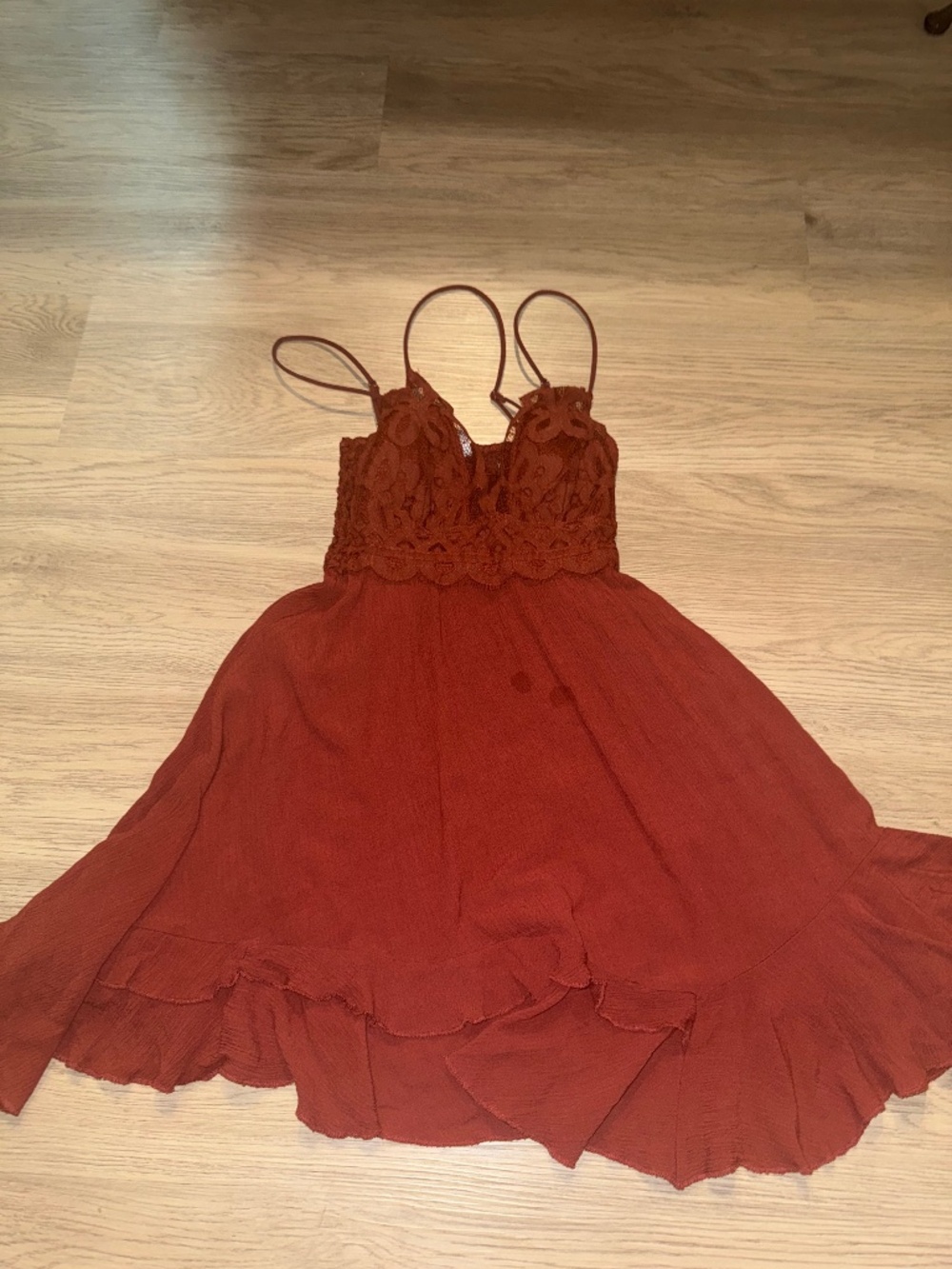 Zenana Rust Boho‎ Fairycore Lace Bodice Flowy Handkerchief Hem Cami Dress